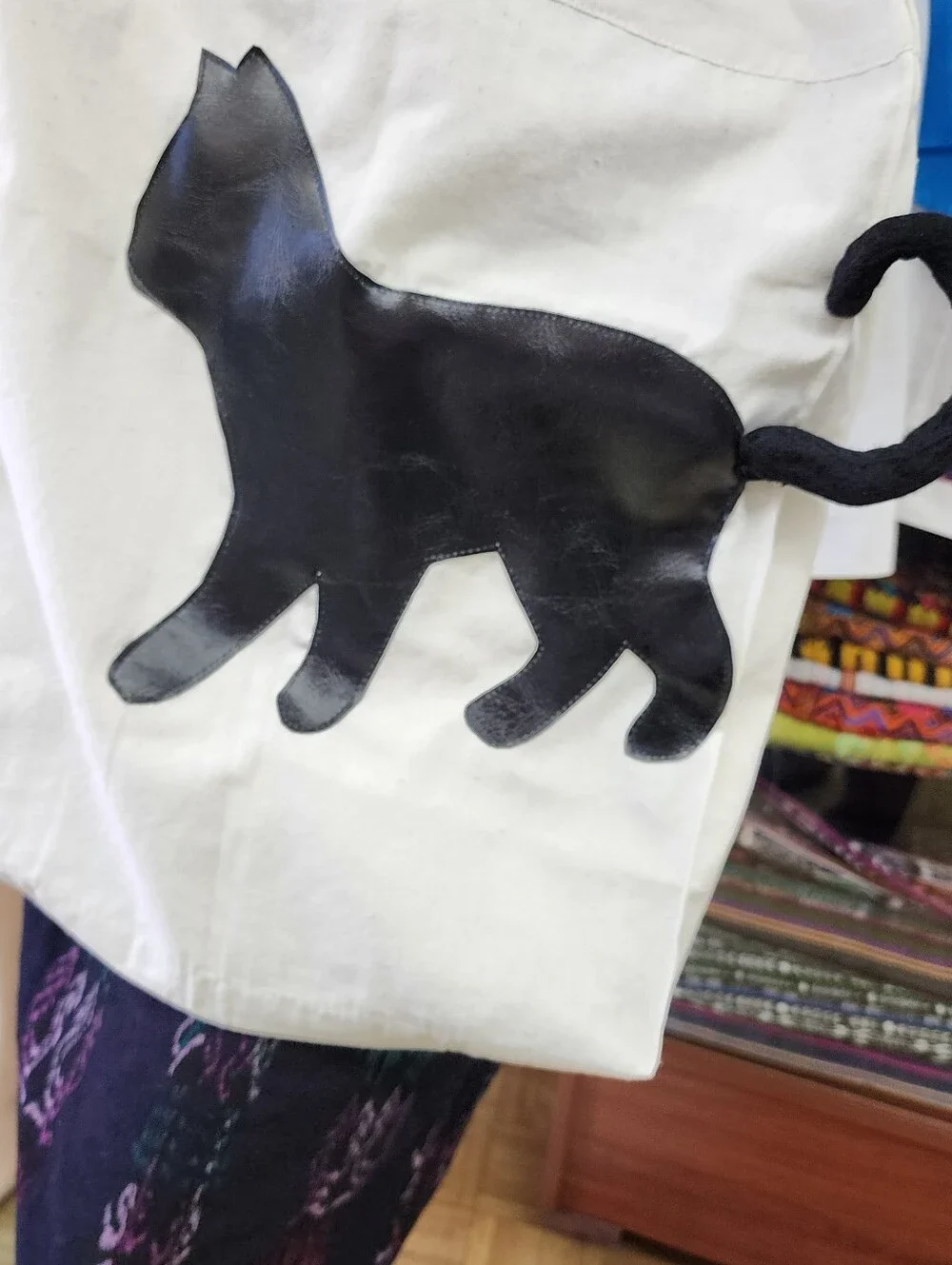Canvas Tote Bag with Black Cat Silhouette - White
